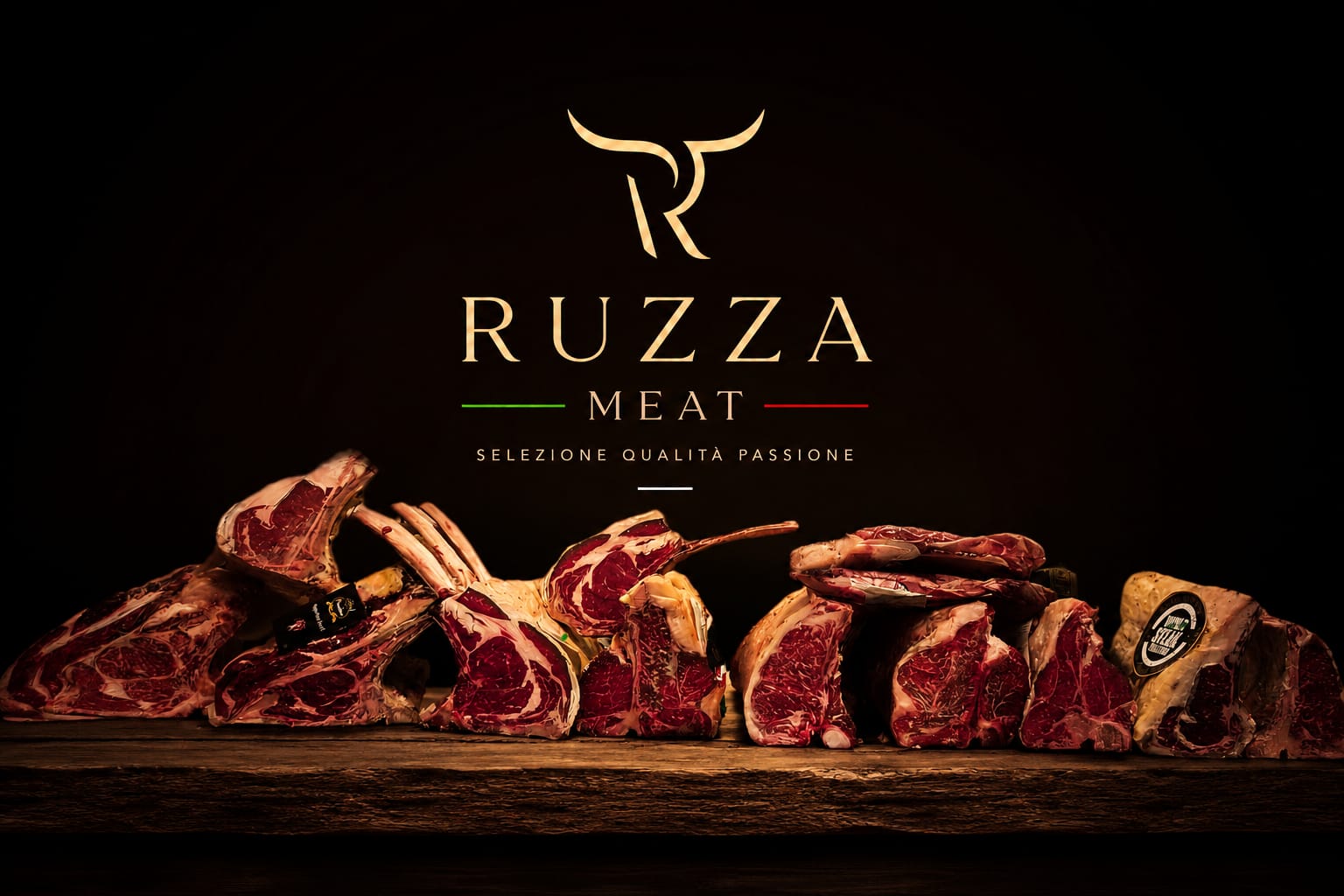 Ruzza Meat — selezione di tagli premium su tavolo di legno